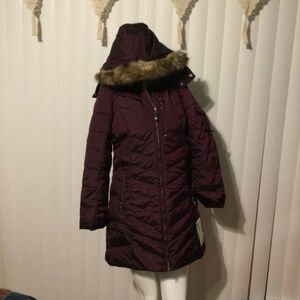 Women's Eddie Bauer Puffer Coat XS Purple with Faux Fur Hood